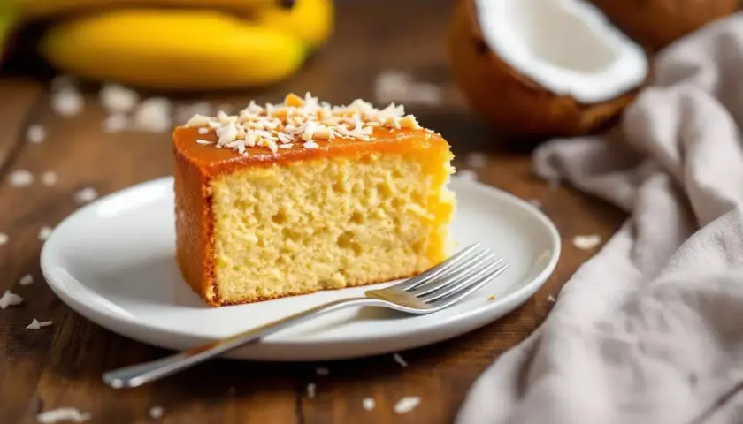Tranche de moelleux gâteau banane sans lait, garnie de noix de coco râpée et d'un glaçage doré. Des bananes et de la noix de coco sont visibles en arrière-plan.