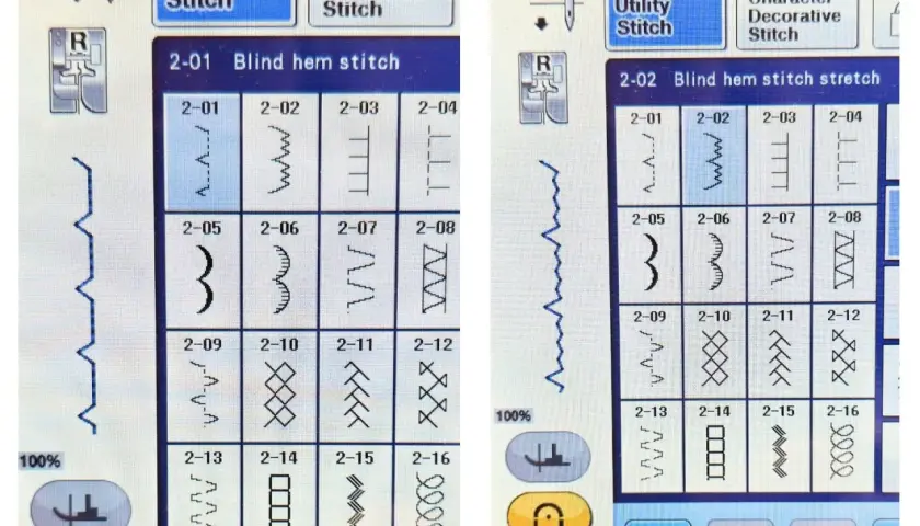 Sewing machine screen showing various blind hem stitch options. Learn how to use a blind hem foot for invisible stitches.