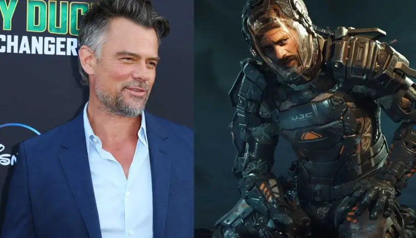 L'acteur Josh Duhamel, qui prête sa voix à Jacob Lee, le protagoniste du jeu vidéo Callisto Protocol, en armure futuriste.