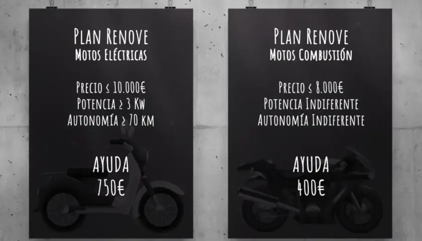 Plan Renove motos: ayuda de 750€ para eléctricas (precio ≤ 10.000€, potencia ≥ 3 KW, autonomía ≥ 70 KM) y 400€ para combustión (precio ≤ 8.000€).