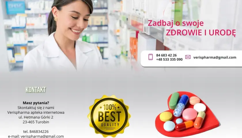Uśmiechnięta farmaceutka w aptece Verispharma. Dbaj o zdrowie i urodę z nami. Maxiluten dla lepszego samopoczucia.
