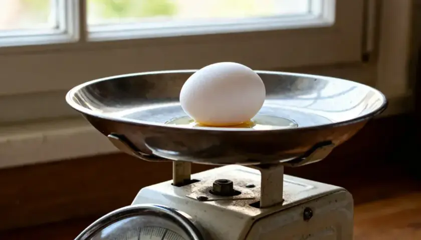 Un œuf blanc sur une balance ancienne, prêt à être pesé. Le poids blanc d'œuf est sur le plateau métallique.