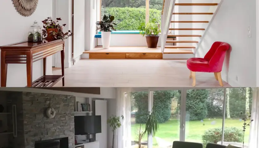 Avant/après rénovation maison : entrée lumineuse avec escalier moderne et salon cosy donnant sur jardin verdoyant.