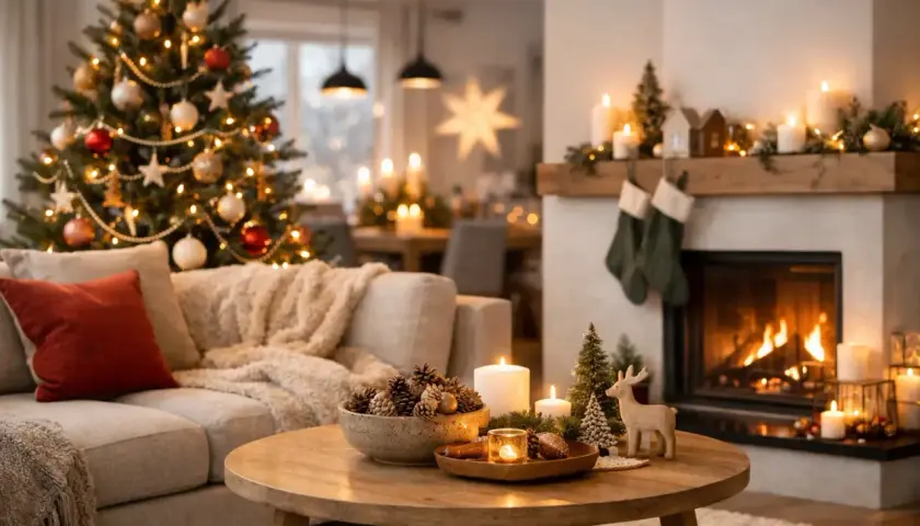 Mysig inredning jul med tänd brasa, julgran och levande ljus. En varm och inbjudande atmosfär.