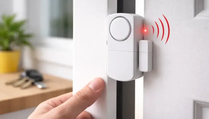 Biały kontaktron na drzwiach, sygnalizujący alarm czerwonym światełkiem. Dłoń zbliża się do drzwi, klucze leżą w tle.