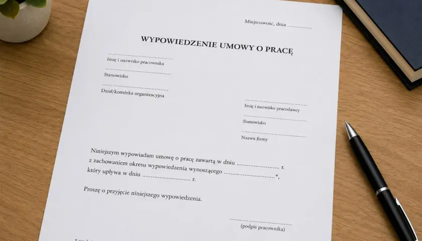 Dokument "Wypowiedzenie umowy o pracę" z polami do wypełnienia, z uwzględnieniem okresu wypowiedzenia. Długopis i notatnik obok.