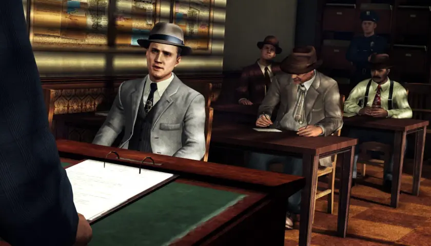 Detektyw Cole Phelps przesłuchuje świadków w sprawie, która może być kluczowa dla **la noire spolszczenie**.