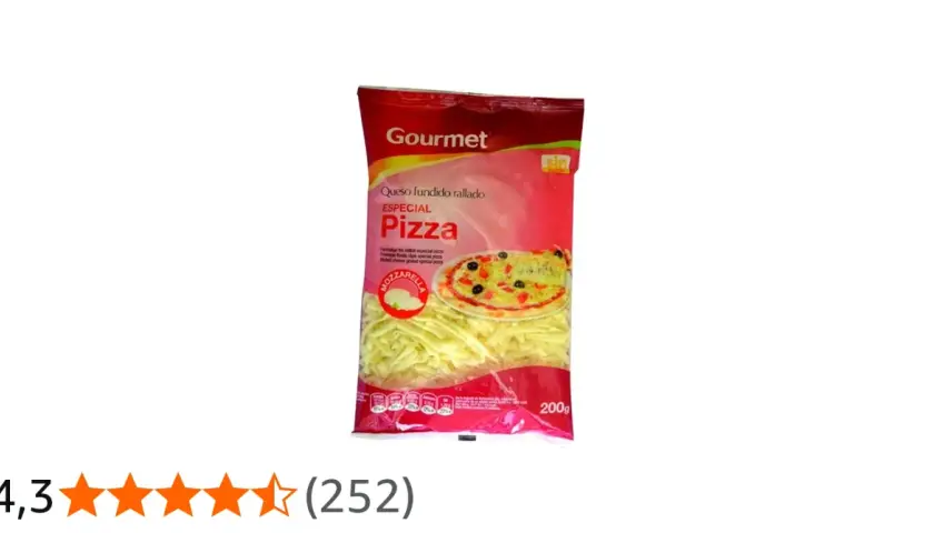 Queso fundido rallado especial para pizzas, marca Gourmet, 200g. Ideal para una pizza deliciosa.
