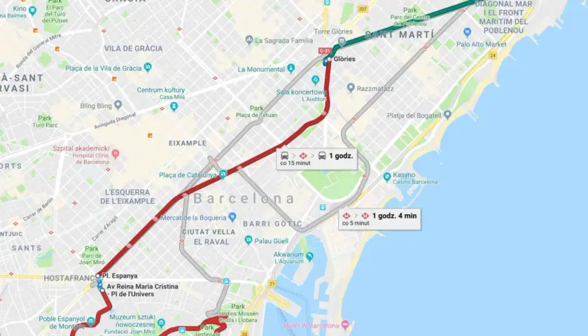 Mapa Barcelony z zaznaczonymi trasami komunikacji miejskiej, pokazującymi czas podróży i częstotliwość kursowania.