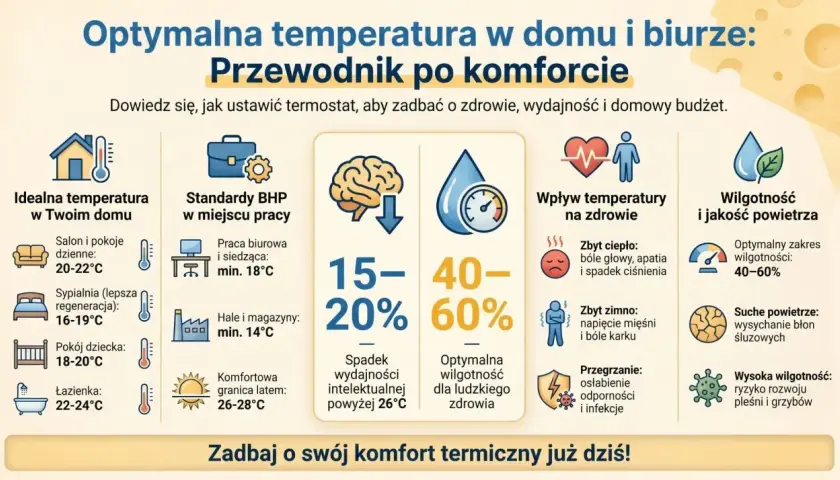 Jaka temperatura w domu jest optymalna? Poradnik pokazuje idealne wartości dla salonu (20-22°C), sypialni (16-19°C), pokoju dziecka (18-20°C) i łazienki (22-24°C).