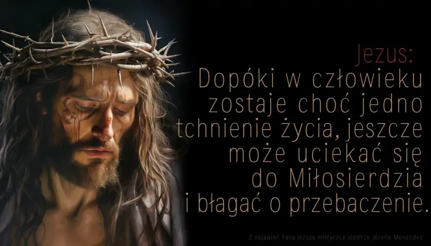 Portret Jezusa w koronie cierniowej, z krwawymi śladami na twarzy, na czarnym tle.
