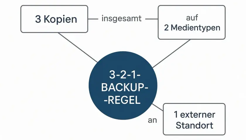 Die 3-2-1-Backup-Regel: 3 Kopien auf 2 Medientypen, davon 1 externer Standort. So sichern Sie Ihre Daten automatisch.