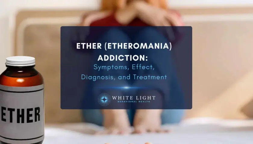 Butelka z napisem "ETHER" obok tekstu o uzależnieniu od eteru.