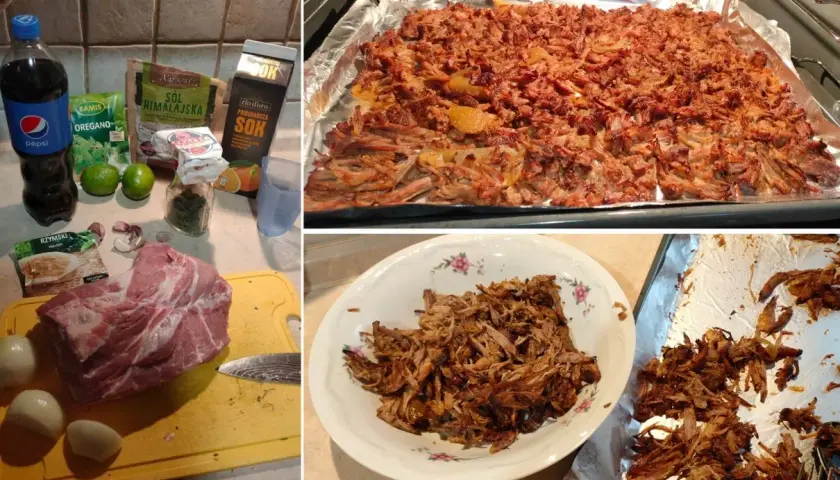 Składniki do przygotowania carnitas: surowa wieprzowina, cebula, czosnek, limonki, przyprawy, cola i sok pomarańczowy. Mięso pieczone na blasze, gotowe do rozdrobnienia.