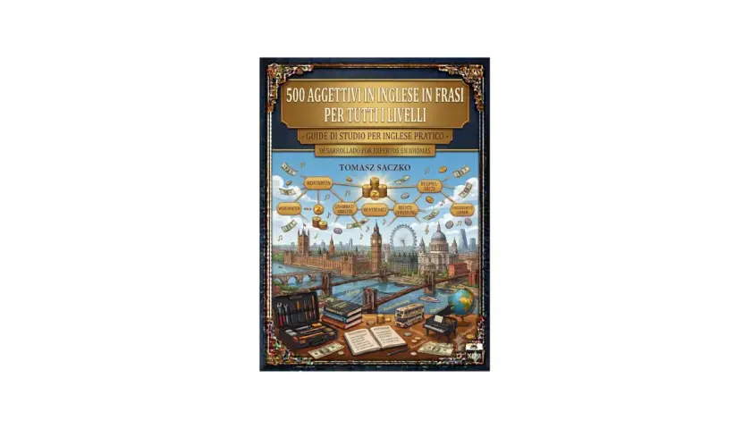 Copertina libro "500 aggettivi in inglese in frasi", con Londra sullo sfondo. Utile per imparare aggettivi in inglese con la l.