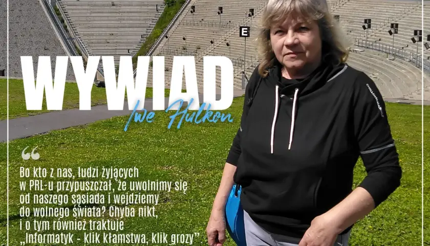 Kobieta na tle skoczni narciarskiej. Napis "WYWIAD". Tekst o wolności i informatyce. Ira planety tekst.