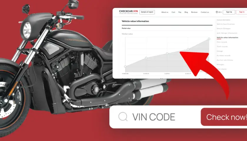 Motocicleta negra con gráfico de valor de vehículo y campo para ingresar el numero vin moto.