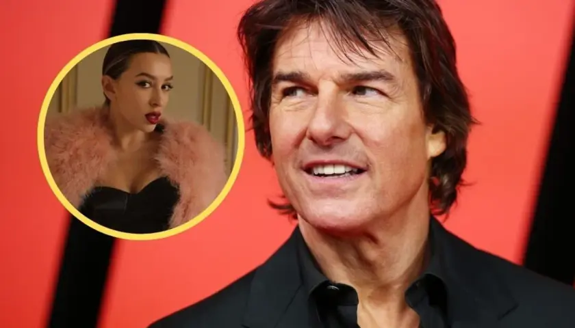 Tom Cruise z uśmiechem, obok zdjęcie kobiety w różowym futerku, która mogłaby być jego żoną.