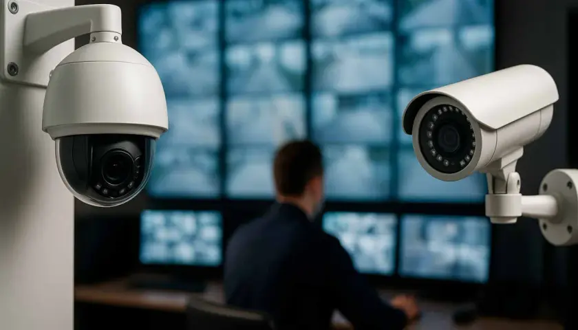 Cámaras de videovigilancia y CCTV en un centro de monitoreo. La diferencia entre CCTV y videovigilancia se ilustra con estos dispositivos.