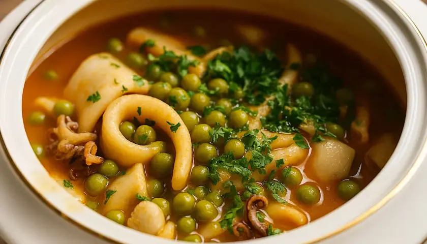 Un gustoso piatto di seppioline surgelate con piselli, cotte in un sugo saporito e guarnite con prezzemolo fresco.