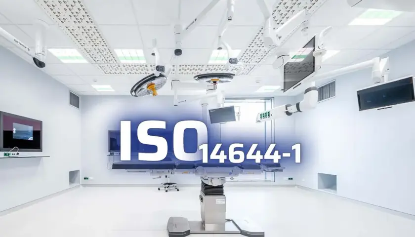 Quirófano moderno con equipo médico y el texto "ISO 14644-1", indicando el cumplimiento de las **salas blancas normativa** para un entorno estéril.