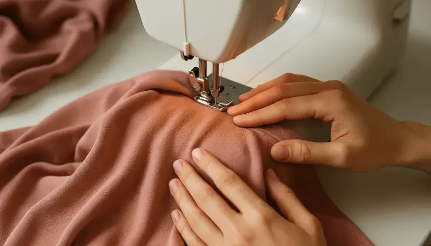 Dłonie prowadzą różowy materiał, prawdopodobnie z włókien bawełny, pod igłę maszyny do szycia.