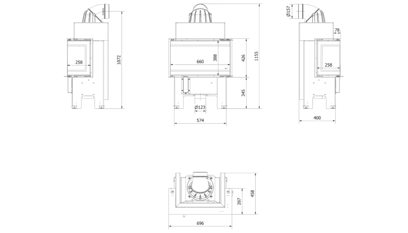 Rysunek techniczny przedstawia wkłady kominkowe z podanymi wymiarami: szerokość 660 mm, wysokość 388 mm, głębokość 400 mm.