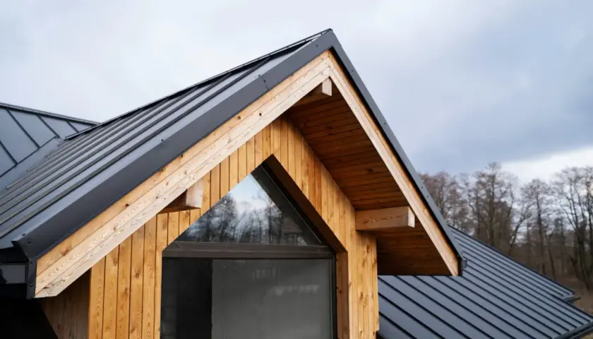 Tetto spiovente in metallo nero e legno naturale, con una finestra triangolare. Il legno, trattato per resistere agli agenti atmosferici, mostra il suo **impregnato significato** di protezione e calore.