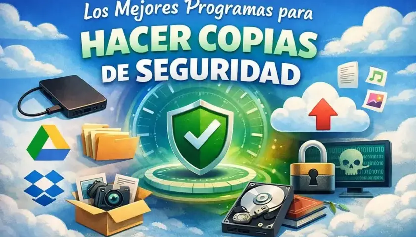 Ilustración sobre para que sirve una copia de seguridad, con iconos de disco duro, nube, candado, carpetas y cámara.