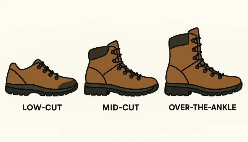 Three brown boots: low-cut, mid-cut, and over-the-ankle. Learn how to find the right boot size for your adventure.