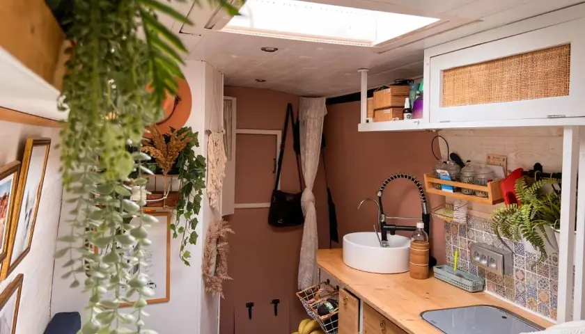 Intérieur de fourgon aménagé : cuisine avec évier, robinet, placards et plantes.