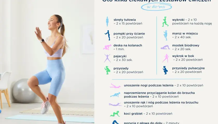 Uśmiechnięta kobieta ćwiczy w domu, wykonując dynamiczne ruchy. Obok lista ćwiczeń, np. wykroki, pompki, przysiady.