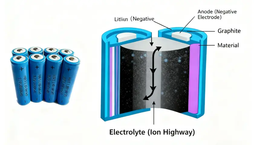 Przekrój baterii litowo-jonowej pokazuje grafit, materiał, elektrolit i anodę (elektrodę ujemną). Obok leży kilka ogniw, w tym jedno z oznaczeniem "katoda".