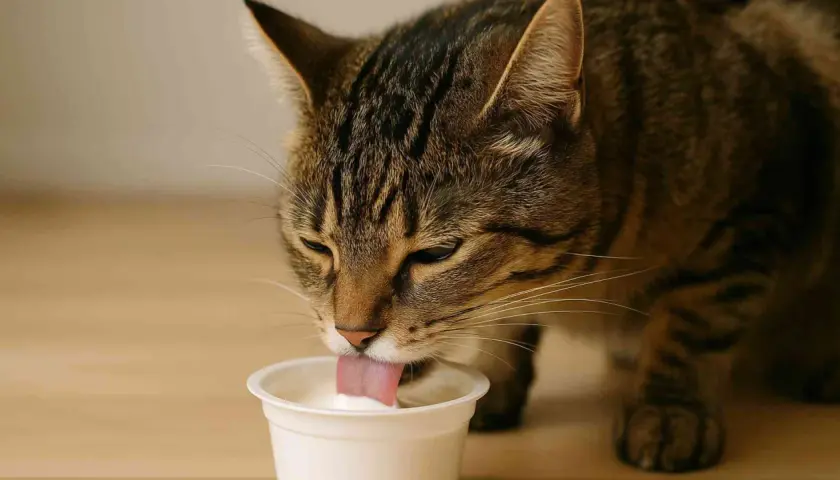 Un gato atigrado saborea yogur de un recipiente blanco. ¡Sí, los gatos pueden comer yogur!