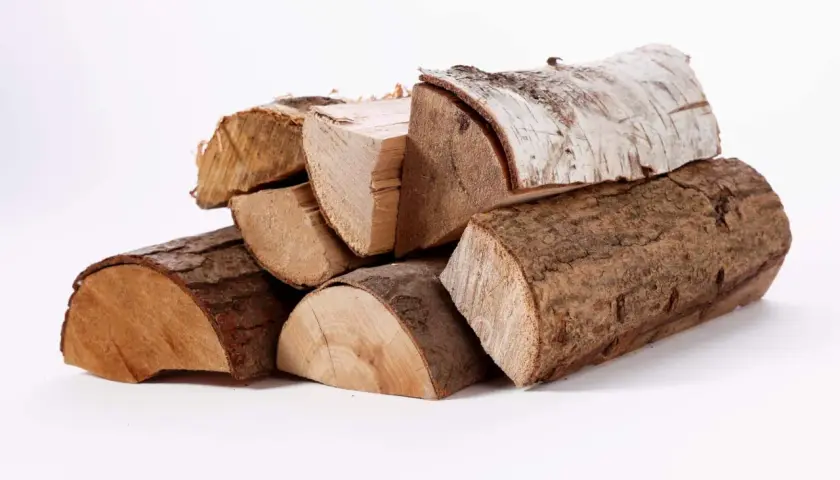 Un tas de bois g1, certains avec écorce, d'autres coupés, prêts pour un feu de cheminée.