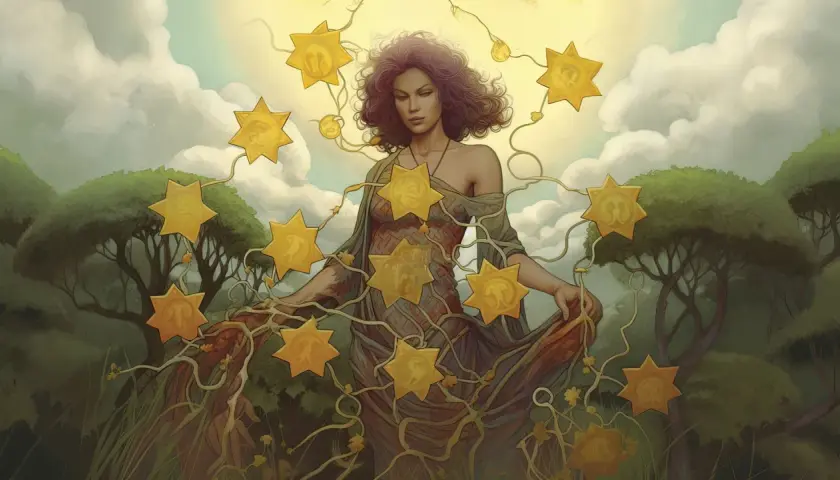 Kobieta otoczona siedmioma złotymi gwiazdami, symbolizującymi 7 denarów tarot. Wiosenna aura i bujna roślinność.
