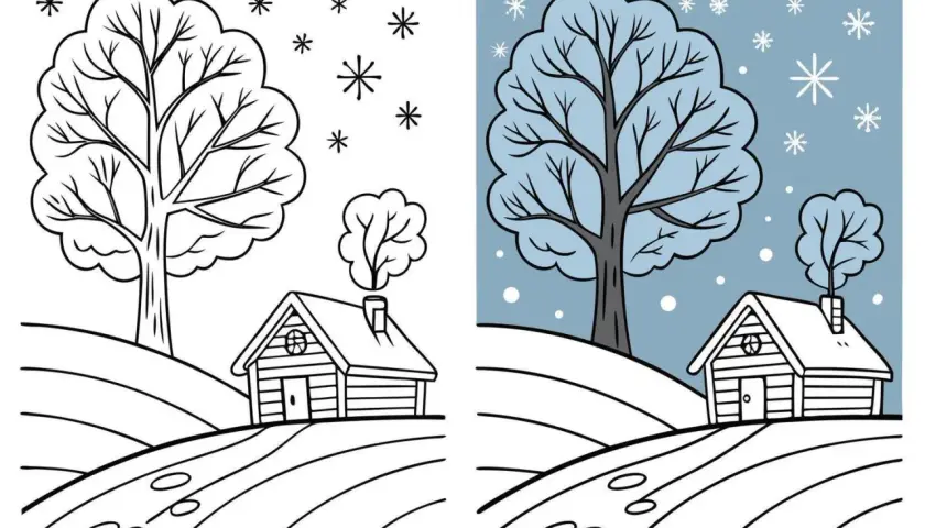 Dos escenas de dibujos de invierno: una casa y un árbol en blanco y negro, y otra con fondo azul y nieve cayendo.