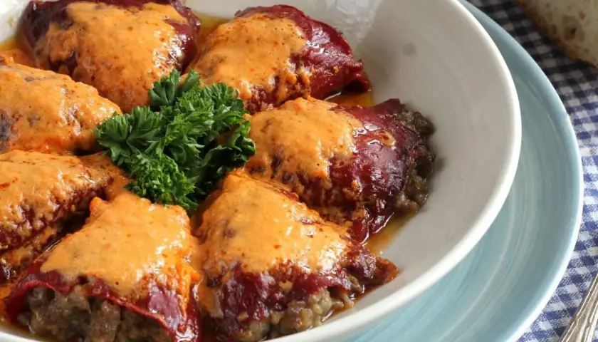 Pimientos rellenos de carne, cubiertos con una cremosa salsa naranja y adornados con perejil fresco.