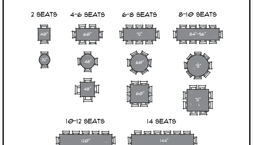 Diagram shows common dining table sizes and seating capacities. A 120" dining table for 10-12 seats is depicted.