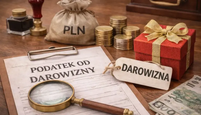 Dokument "Podatek od darowizny", prezent, monety i worek z napisem PLN. Rodzice dokonali darowizny.