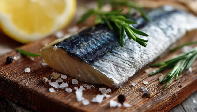 Filet śledzia z rozmarynem i cytryną na desce. Czy śledzie tuczą? To pyszne i zdrowe danie.