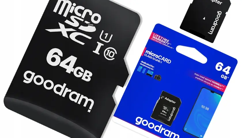 Karta pamięci Goodram 64 GB. Czy 64 GB pamięci to dużo? Wystarczająco na zdjęcia i filmy, z adapterem w zestawie.