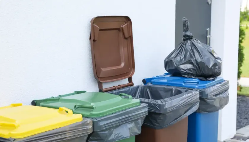 Kolorowe pojemniki na śmieci stoją przy ścianie. Zastanawiasz się, gdzie wyrzucić pościel? Sprawdź oznaczenia na koszach.
