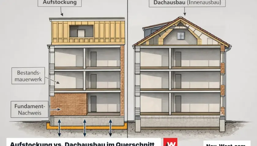Querschnitt zeigt Aufstockung vs. Dachausbau. Links: Aufstockung auf Bestand. Rechts: Dachausbau (Innenausbau) im bestehenden Dachstuhl.