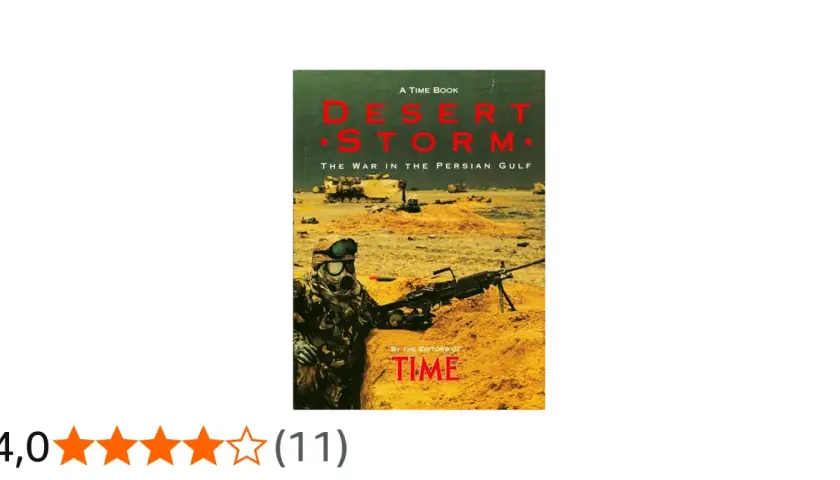 Okładka książki "Desert Storm: The War in the Persian Gulf" z żołnierzem w masce gazowej i karabinem maszynowym na pustynnym tle.