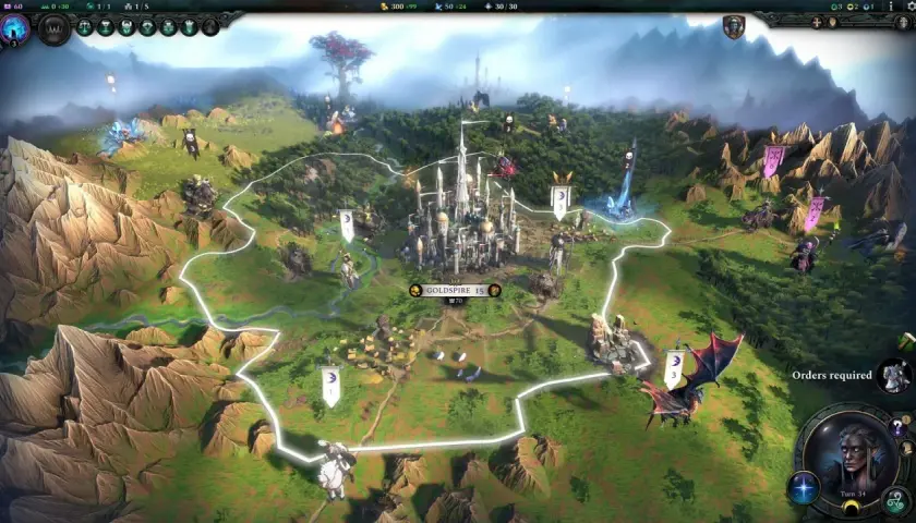 Mapa strategiczna z gry Age of Wonders: majestatyczny zamek, góry, lasy i jednostki.