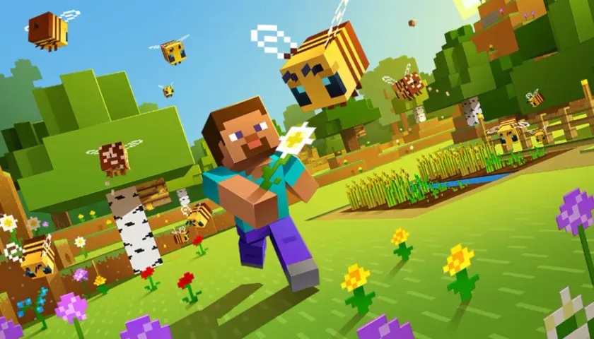 Steve z Minecrafta w otoczeniu pszczół, szukający fajnych komend do Minecrafta.