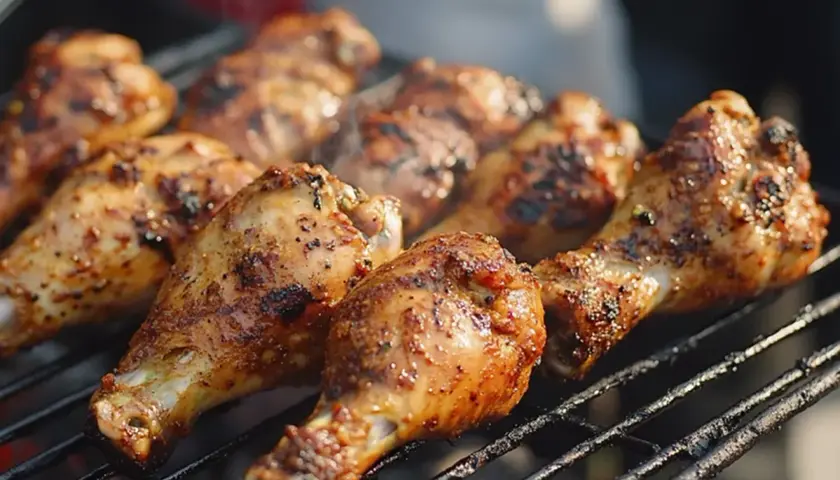 Grillade kycklingklubbor med kryddig glaze, som en läcker chicken tinga. Röken stiger från de saftiga bitarna.