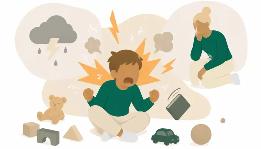 Barn med affektanfall, troligen relaterat till ADHD, skriker och kastar en bok. En orolig vuxen sitter bredvid.
