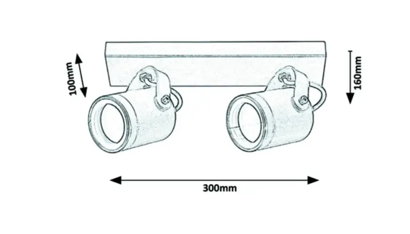 Rysunek techniczny kinkietu zewnętrznego z podanymi wymiarami: 300mm szerokości, 100mm wysokości i 160mm głębokości.